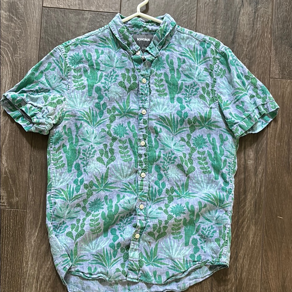 Bonobos Green Blue Linen Casual Button Down Shirt with Tropical Print